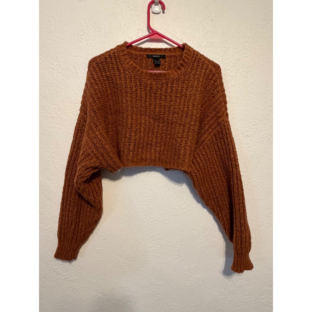 Forever 21 Rust Brown Chunky Knit Cropped Sweater Crew Neck Ribbed Pullover M